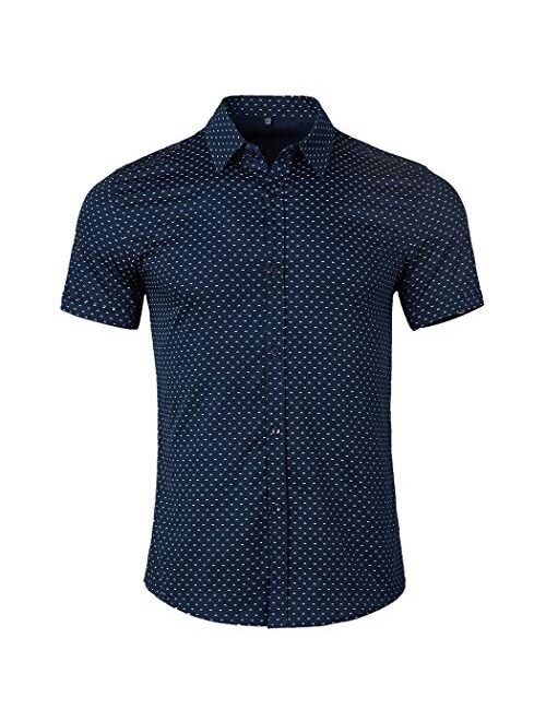 WULFUL Men's Casual Short Sleeve Button Down Shirt Printed Cotton Business Dress Shirts