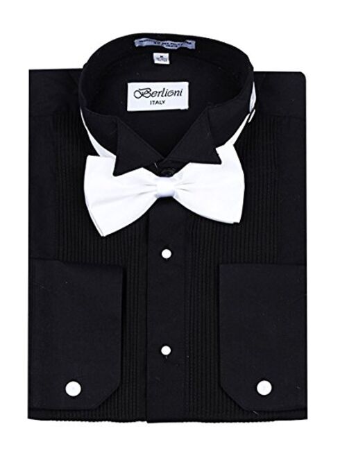 Berlioni Mens Long Sleeve Tuxedo Dress Shirt Bow Tie French Convertible Cuffs