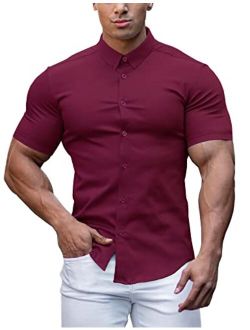 URRU Men's Muscle Dress Shirts Slim Fit Stretch Short Sleeve Casual Button Down Shirt