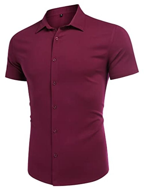 URRU Men's Muscle Dress Shirts Slim Fit Stretch Short Sleeve Casual Button Down Shirt