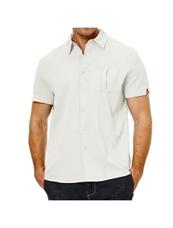 Jirushi Men's Casual Linen Button-Down Short Sleeve Shirts Summer Cotton Beach Shirts with Pockets