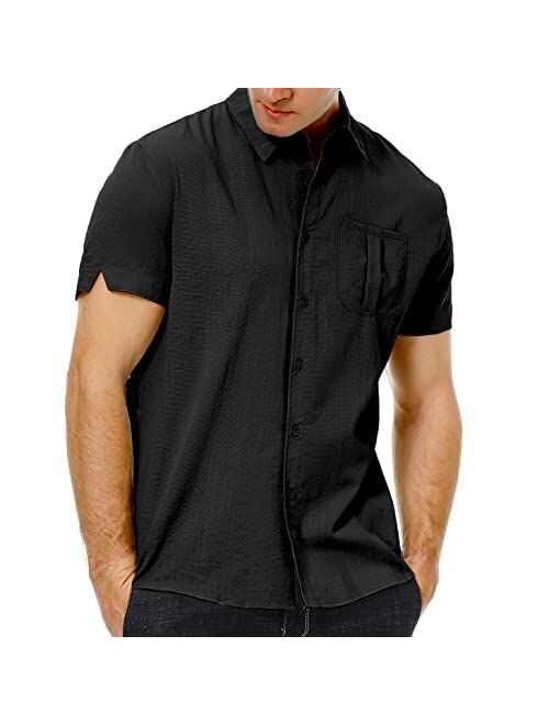 Jirushi Men's Casual Linen Button-Down Short Sleeve Shirts Summer Cotton Beach Shirts with Pockets