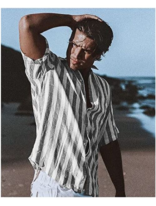 JMIERR Men's Casual Short Sleeve Button-Up Striped Dress Shirts Cotton Shirt