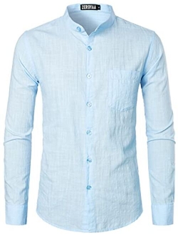 Men's Cotton Linen Long Sleeve Button Up Banded Collar Shirts with Pocket
