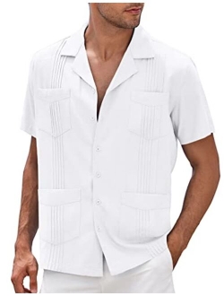 Men's Cuban Shirt Casual Linen Guayabera Summer Beach Button Down Shirt