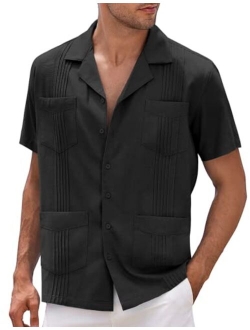 Men's Cuban Shirt Casual Linen Guayabera Summer Beach Button Down Shirt
