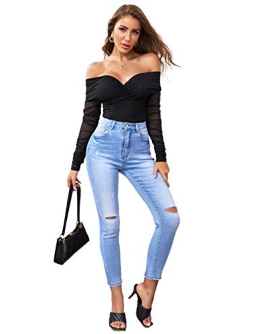 SOLY HUX Women's Criss Cross Sheer Mesh Wrap Off The Shoulder Skinny Elegant Bodysuit