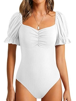 Mymore Women Short Puff Sleeve Ruffle Cuff Ruched Front Ribbed Sweetheart Neckline Sexy Bodysuit Backless Bodysuits (XS-2XL)