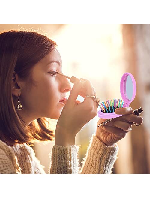 Happy Trees 6 PCS Round Travel Hair Brush with Mirror Folding Pocket Hair Brush Mini Hair Comb with Makeup Mirror for Travel (Set of 6)
