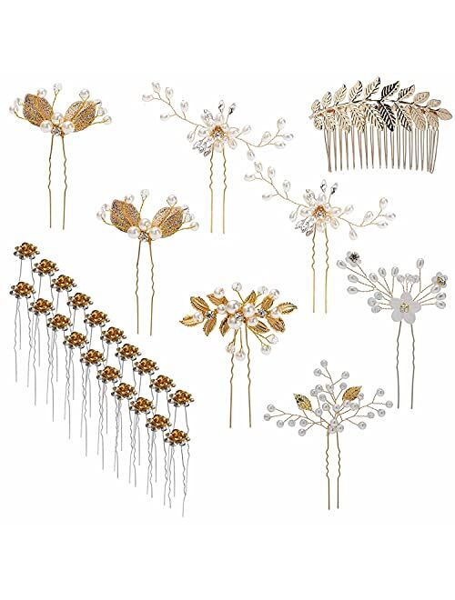 inSowni 28 Pack Wedding Bridal Hair Side Combs+U Shaped Hair Pins Clips Pieces Accessories Rhinestone Pearl Flower Gold for Women Girls Brides