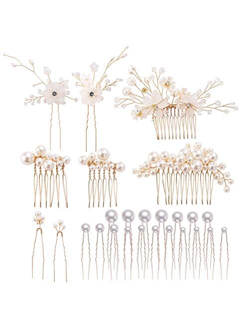 inSowni 26 Pack Gold Flower Pearl Wedding Bridal Hair Side Combs+U Shaped Hair Pins Clips Decorative Barrettes Rhinestone Crystal Accessories Headpieces for Women Girls B