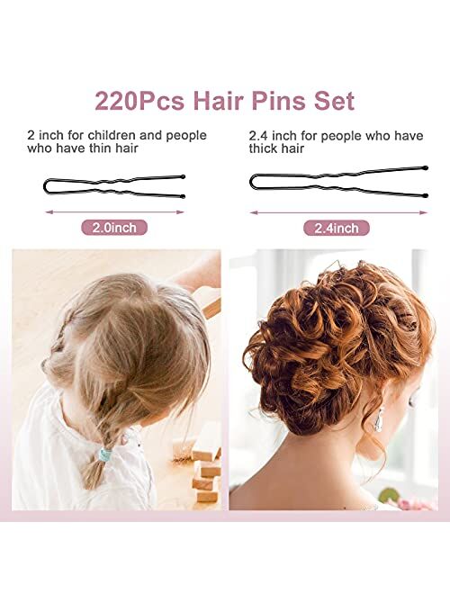 220pcs U Shaped Hair Pins, BEIAKE Black Bun Hair Pins for Kids, Girls and Women, Bobby Pins for All Hair Types (2IN & 2.4IN)