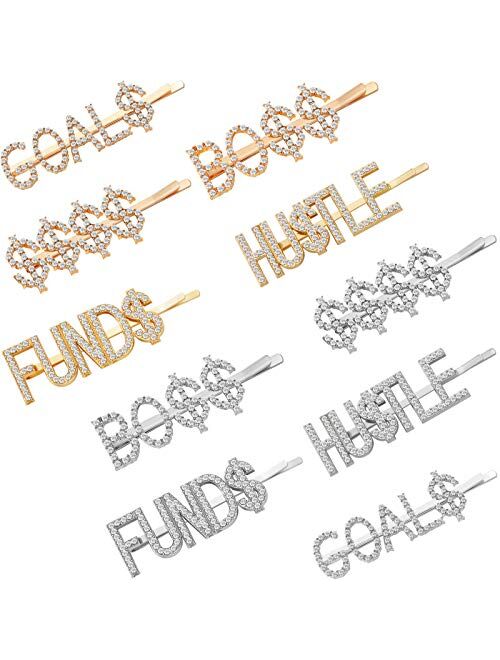 WILLBOND 10 Pieces Dollar Sign Hair Pins Letters Bobby Pins Words Rhinestones Hair Clips Bling Crystal Letter Barrettes for Women and Girls, Christmas and More