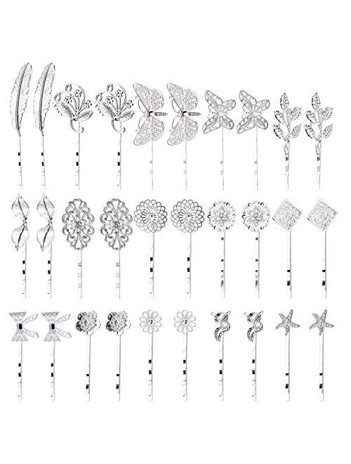 Globalsupplier inSowni 30 Pack/15 Pairs Silver Retro Vintage Metal Bobby Pins Hair Clips Barrettes Accessories Leaf Bow Flower Butterfly for Women Girls