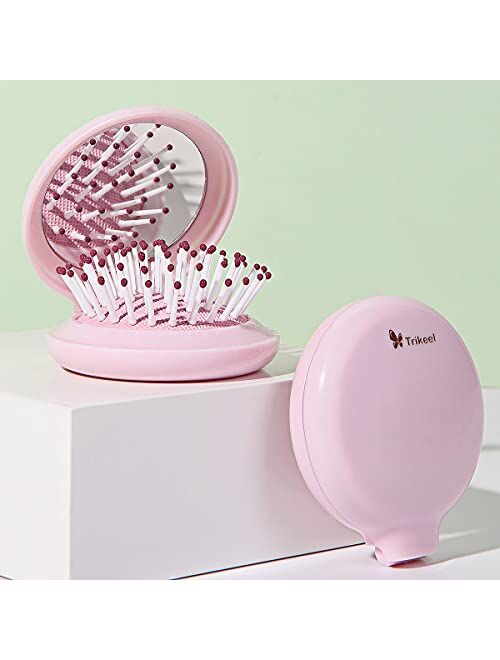 Trikeel Mini Hair Brush for Purse, Pocket Hair Brush with Mirror for Girls, Small Portable Mirror with Brush Travel Size, Pink