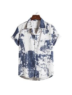 YawYews Mens Linen Hawaiian Shirts Short Sleeve Button Down Shirts Vacation Summer Floral Beach Shirts