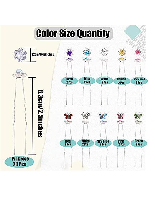 JYHF 40Pcs Rhinestone Hair Pins for Women Girls Bridal Hair Accessories, U Shaped Colorful Rose Flowers Butterfly Pearl Crystal Embellished Bobby Pins Bling Sparkly Hairp
