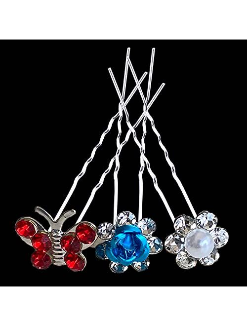 JYHF 40Pcs Rhinestone Hair Pins for Women Girls Bridal Hair Accessories, U Shaped Colorful Rose Flowers Butterfly Pearl Crystal Embellished Bobby Pins Bling Sparkly Hairp