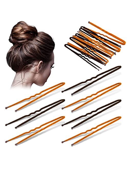 Yunsailing 30 Pieces French Twist Hair Pins Flocked U Pins Hair Bobby Pins for Women Girls Wedding Wigs Extension Accessories Ball Tips, Brown and Gold, 3 Inch