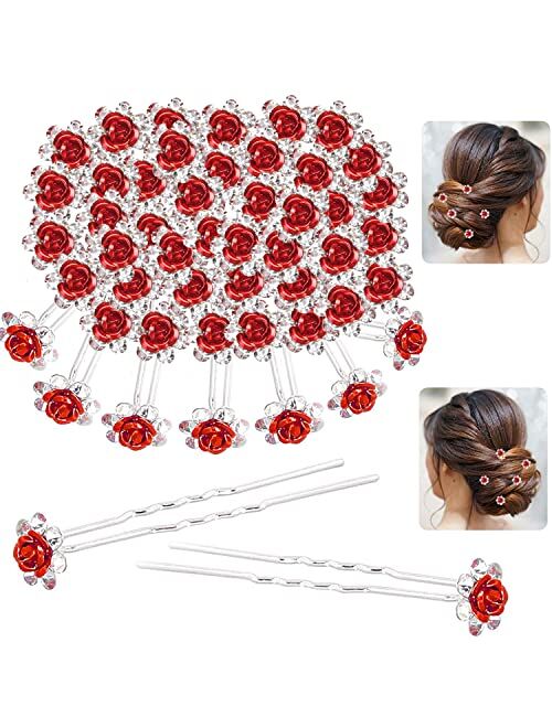 MISSVIYA Bridal Crystal Hair Pins, 40pcs Rose Flower Rhinestone Hair Clips U-Shaped Barrettes Headwear for Wedding Women Girls Hair Jewelry Accessories (Red Color)
