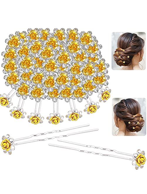 MISSVIYA Bridal Crystal Hair Pins, 40pcs Rose Flower Rhinestone Hair Clips U-Shaped Barrettes Headwear for Wedding Women Girls Hair Jewelry Accessories (Gold Color)