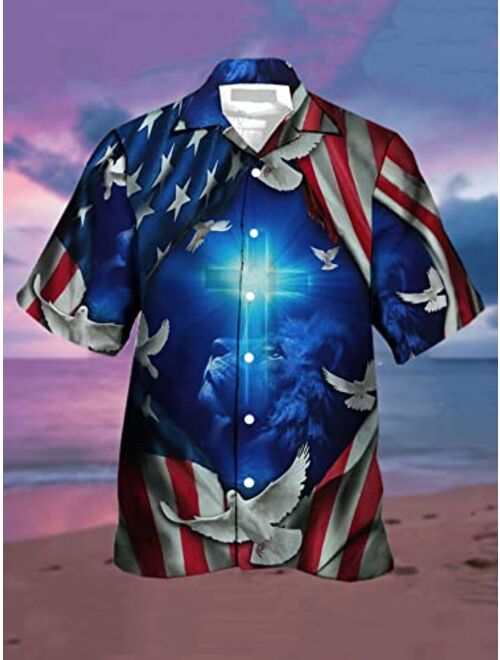 Honeystore Men's American Flag Print Shirt Summer Short Holiday Beach Aloha Shirts
