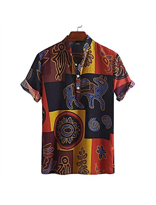 Thusfar Mens African Shirts Stylish Traditional Pattern Printed Shirt Botton Up Dashiki Shirts with Short Sleeve