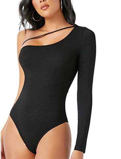 Verdusa Women's One Shoulder Long Sleeve Solid Bodycon Leotard Bodysuit