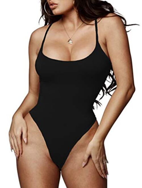 LINMON Women's Spaghetti Strap Bodysuit Tops Scoop Neck Sleeveless One Piece Camisoles Jumpsuit Leotard