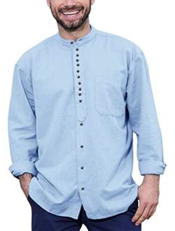 Khllyo Mens Traditional Irish Grandfather Collarless Shirts Cotton Linen Long-Sleeve Button Down Shirt for Men