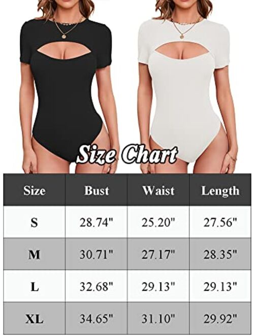 WAYMAKER Women's Sexy Cutout Front Tops Short Sleeve Bodysuit Ribbed Leotard Jumpsuits T Shirts