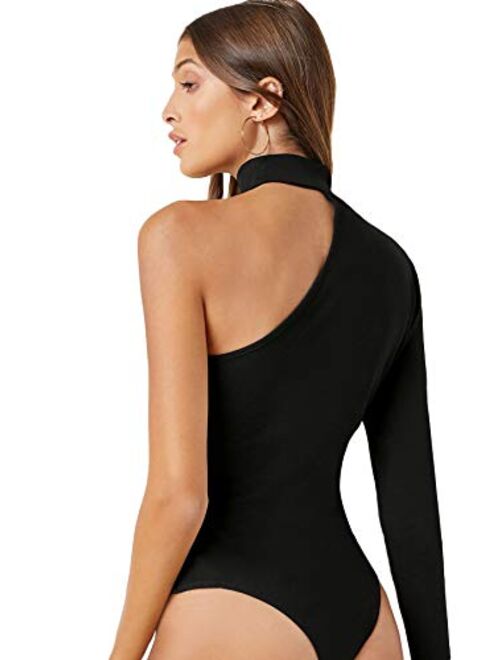 Verdusa Women's One Shoulder Halter Cut Out Long Sleeve Leotard Bodysuit Top