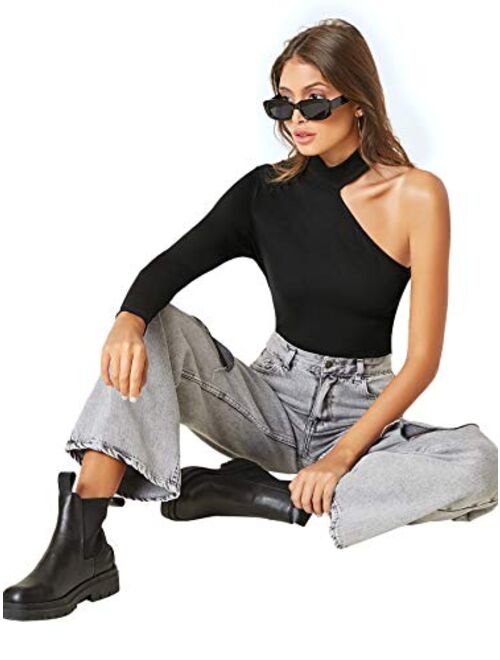 Verdusa Women's One Shoulder Halter Cut Out Long Sleeve Leotard Bodysuit Top