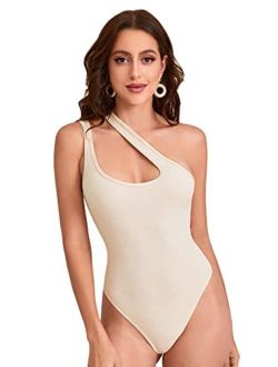 Women's Sexy One Shoulder Sleeveless Cut Out Solid Skinny Bodysuit