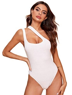 Women's Sexy One Shoulder Sleeveless Cut Out Solid Skinny Bodysuit