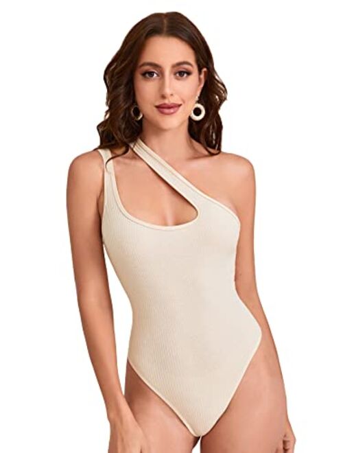 Verdusa Women's Sexy One Shoulder Sleeveless Cut Out Solid Skinny Bodysuit