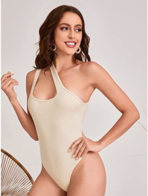Verdusa Women's Sexy One Shoulder Sleeveless Cut Out Solid Skinny Bodysuit
