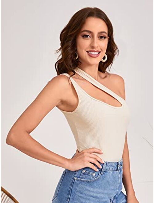 Verdusa Women's Sexy One Shoulder Sleeveless Cut Out Solid Skinny Bodysuit