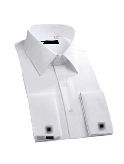 TBVIANE Men's Dress Shirts Loose Tuxedo French Cuffs Regular Fit Striped Business Long Sleeve Cufflinks Social Shirts