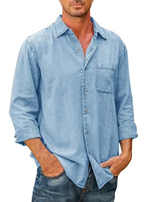 Runcati Mens Denim Long Sleeve Button Down Shirt Casual Durable Loose Fit Jean Shirts with Chest Pocket