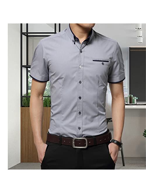 UIOKLMJH Men's Summer Short Sleeves Business Shirt Men Turn-Down Collar Tuxedo Shirts Big Size