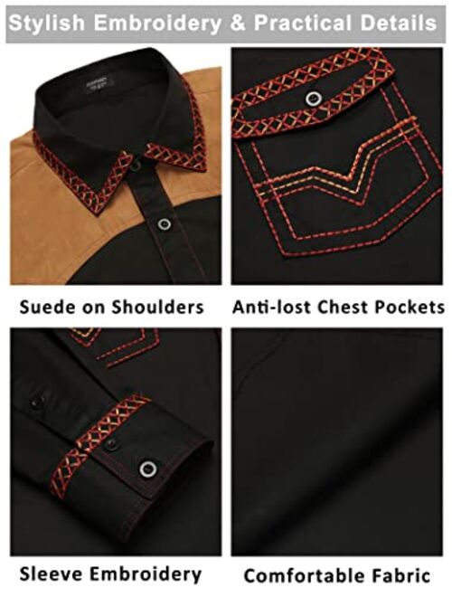 COOFANDY Men's Western Cowboy Shirt Embroidered Long Sleeve Slim Fit Casual Button Down Hippie Shirts with Pockets