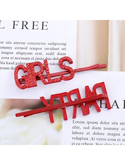 Minkissy 3PCS Red Rhinestone English Letter Bobby Pins Sparkly Bobby Pins Glitter Hair Side Clips for Girls Women (GIRLS,AMOR,PARTY)