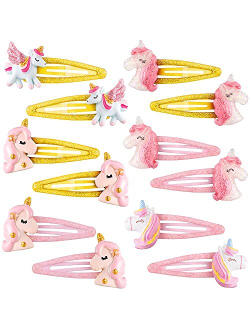 MTLEE 12 Pcs Unicorn Snap Hair Clips No Slip Metal Hair Clips Little Girls Toddlers Kids Hair Clips Assorted Colorful Unicorn themed Barrette Hair Pins for Birthday Party