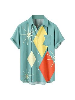 Aobest Men's Retro Button Down Bowling Shirts 50s Rockabilly Style Summer Tops Cuban Style Camp Shirt with Pocket