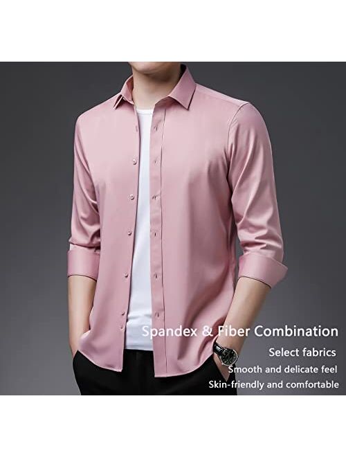 Genericq Men's Stretch Non-iron Anti-wrinkle Shirt, Solid Slim Fit Dress Shirts Long Sleeve Stretch Button Up Shirts for Men