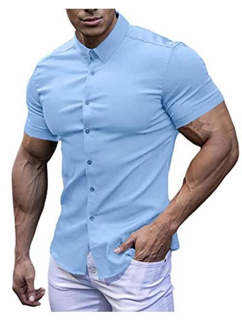 Annystore Casual Men's Muscle Fit Dress Shirts Short Sleeve Athletic Fit Button Down Shirts