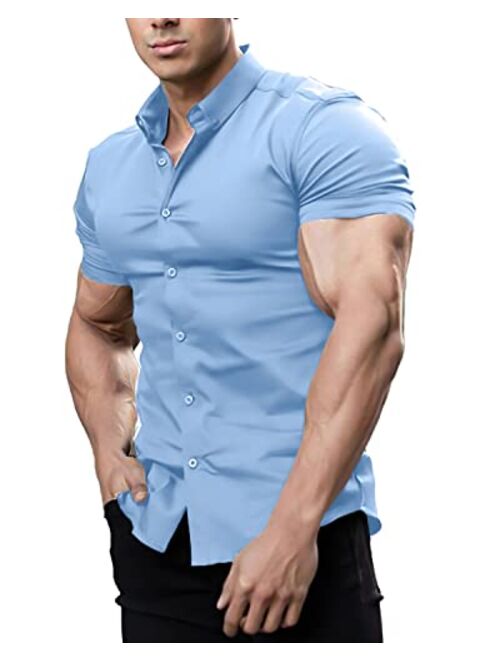 Annystore Casual Men's Muscle Fit Dress Shirts Short Sleeve Athletic Fit Button Down Shirts