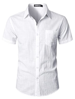 Men's Cotton Linen Casual Short Sleeve Button Up Shirts with Pocket