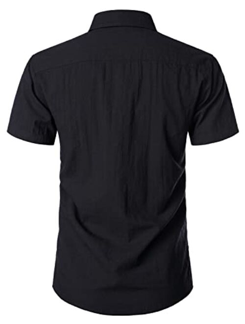 ZEROYAA Men's Cotton Linen Casual Short Sleeve Button Up Shirts with Pocket